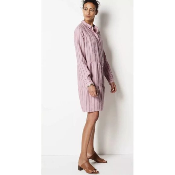 J JILL Linen Dress Tiered Striped Long Sleeves Button Down Lagenlook Pink Small - Picture 13 of 14